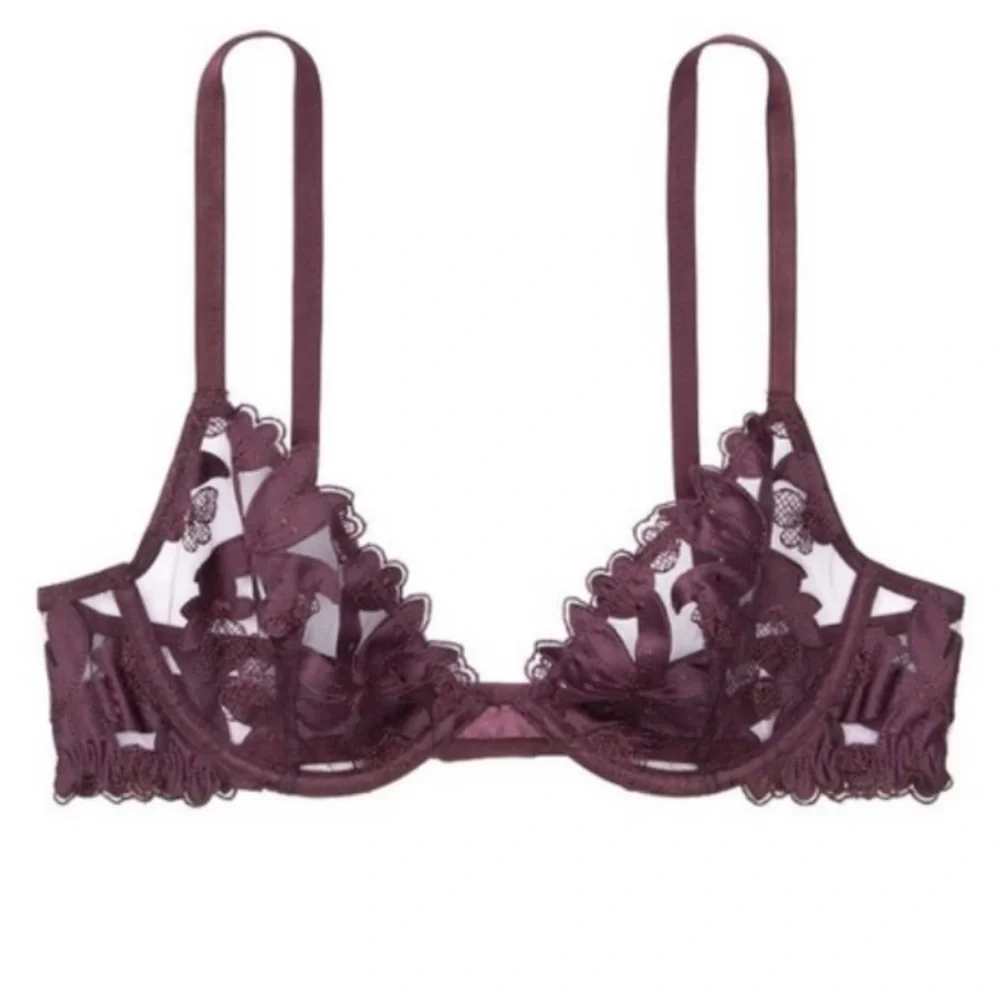 💕NWT Victoria’s Secret Very Sexy Unlined Floral Embroidery Demi Bra 32DD Wine💕 - Picture 1 of 6